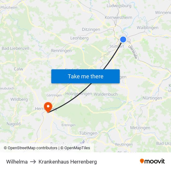 Wilhelma to Krankenhaus Herrenberg map