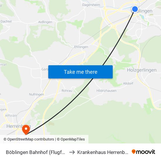 Böblingen Bahnhof (Flugfeld) to Krankenhaus Herrenberg map