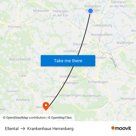 Ellental to Krankenhaus Herrenberg map