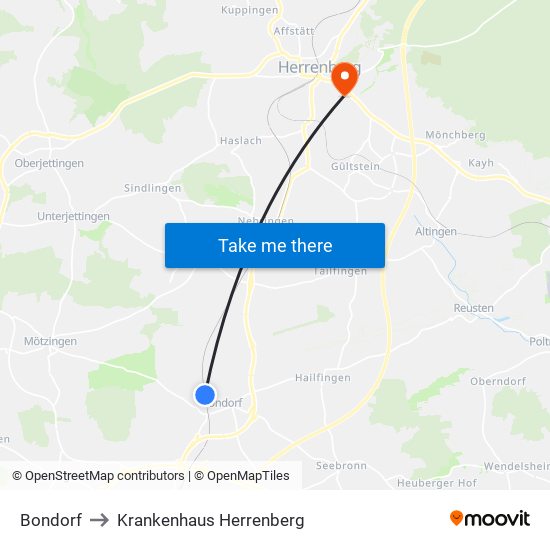 Bondorf to Krankenhaus Herrenberg map