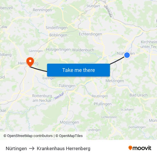 Nürtingen to Krankenhaus Herrenberg map