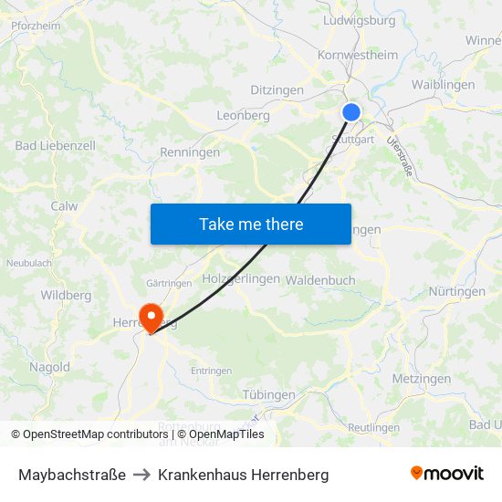 Maybachstraße to Krankenhaus Herrenberg map