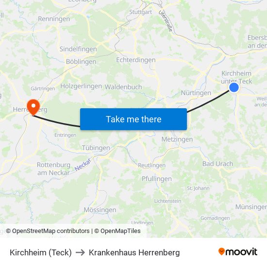 Kirchheim (Teck) to Krankenhaus Herrenberg map