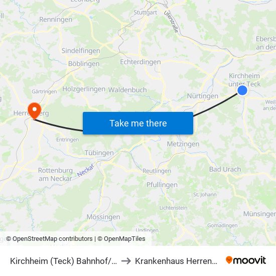 Kirchheim (Teck) Bahnhof/Zob to Krankenhaus Herrenberg map