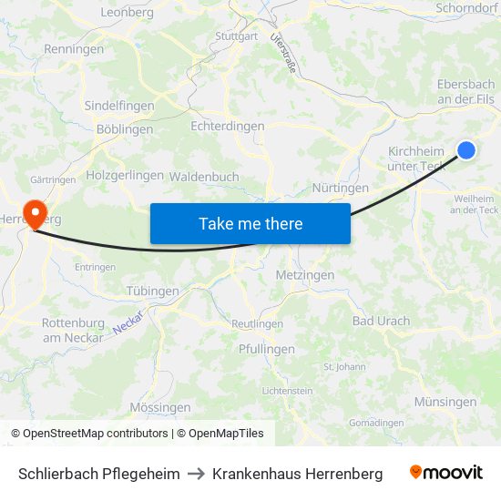 Schlierbach Pflegeheim to Krankenhaus Herrenberg map