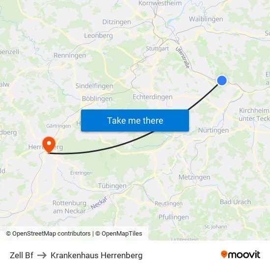Zell Bf to Krankenhaus Herrenberg map
