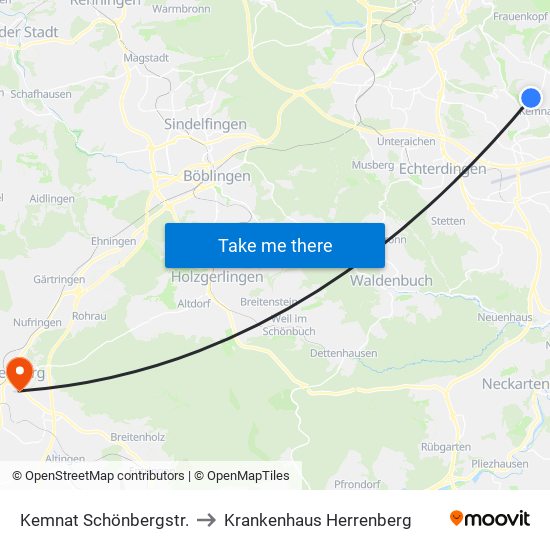 Kemnat Schönbergstr. to Krankenhaus Herrenberg map