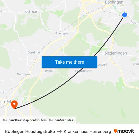 Böblingen Heusteigstraße to Krankenhaus Herrenberg map