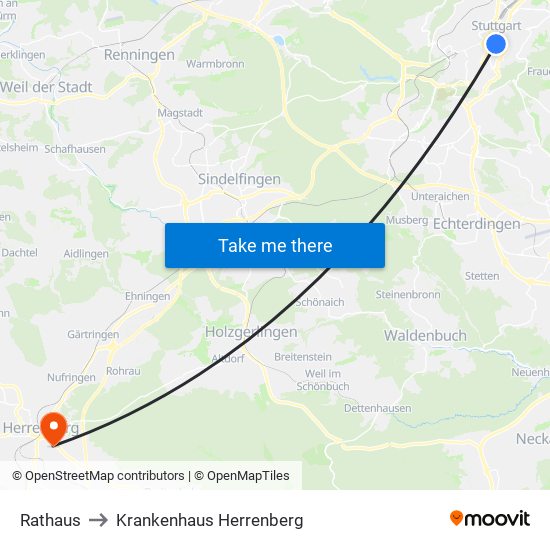 Rathaus to Krankenhaus Herrenberg map