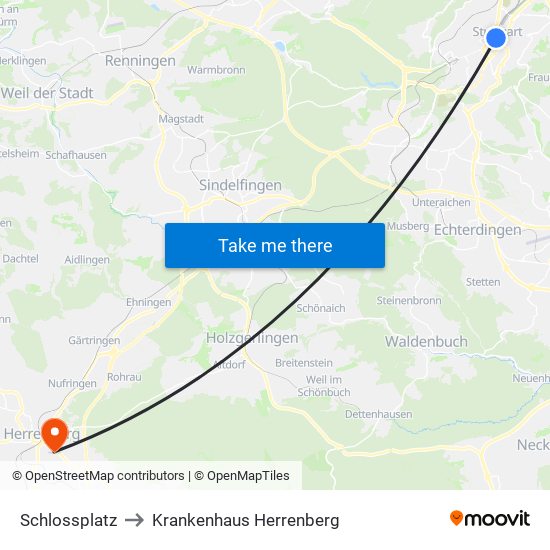 Schlossplatz to Krankenhaus Herrenberg map