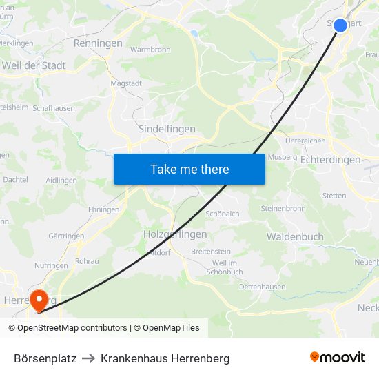 Börsenplatz to Krankenhaus Herrenberg map