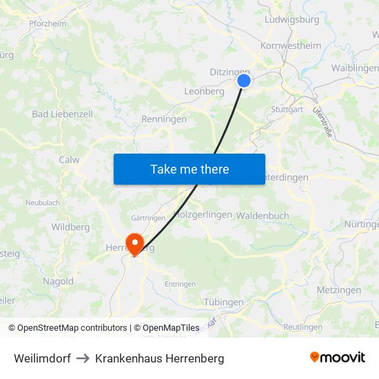 Weilimdorf to Krankenhaus Herrenberg map