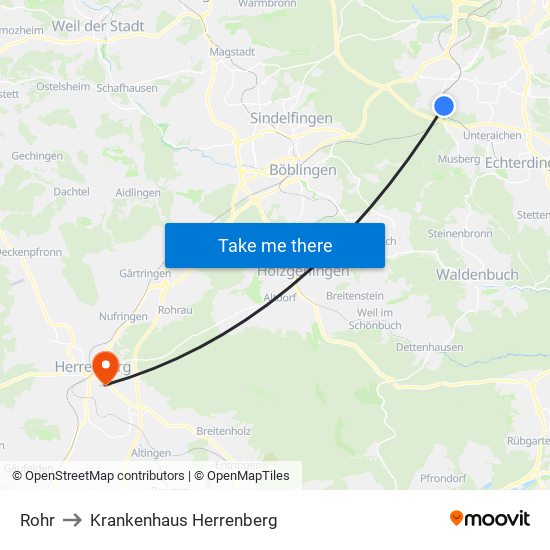 Rohr to Krankenhaus Herrenberg map