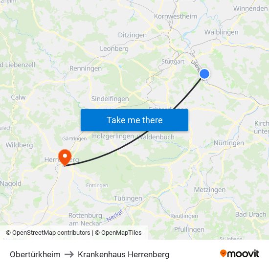 Obertürkheim to Krankenhaus Herrenberg map