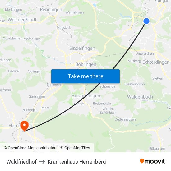Waldfriedhof to Krankenhaus Herrenberg map