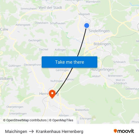 Maichingen to Krankenhaus Herrenberg map