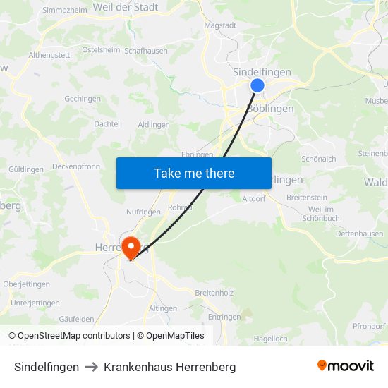 Sindelfingen to Krankenhaus Herrenberg map
