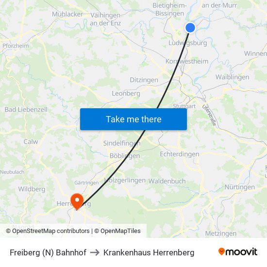 Freiberg (N) Bahnhof to Krankenhaus Herrenberg map