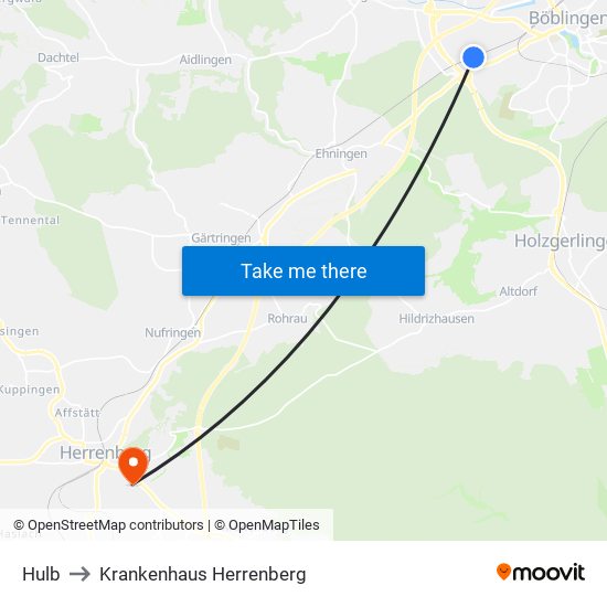 Hulb to Krankenhaus Herrenberg map