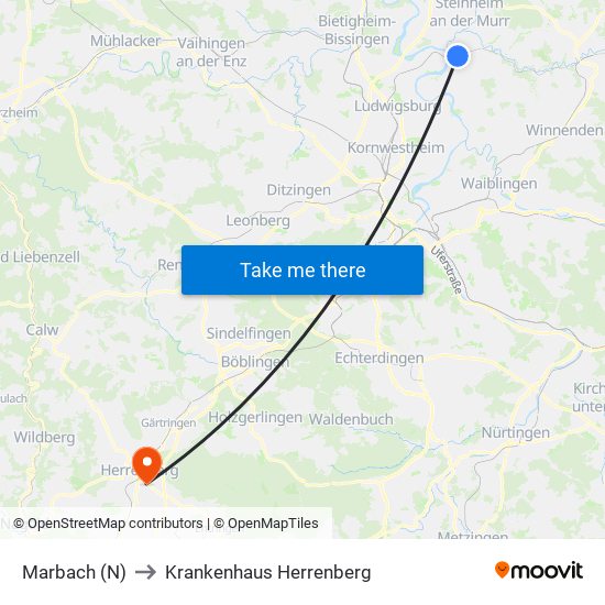 Marbach (N) to Krankenhaus Herrenberg map