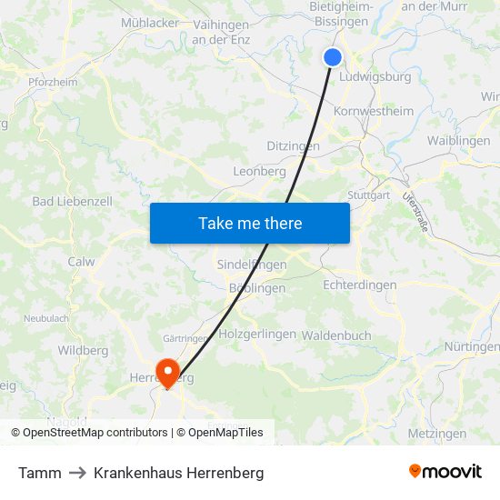 Tamm to Krankenhaus Herrenberg map