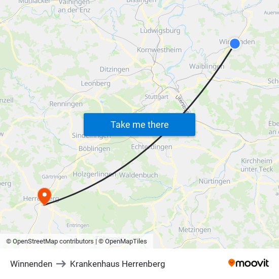 Winnenden to Krankenhaus Herrenberg map