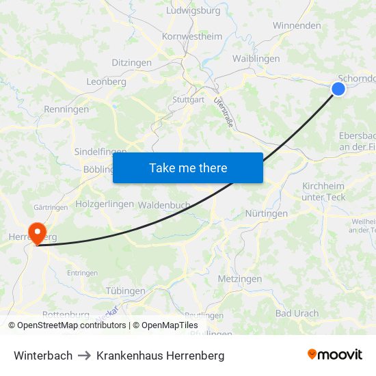 Winterbach to Krankenhaus Herrenberg map