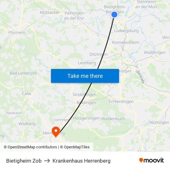 Bietigheim Zob to Krankenhaus Herrenberg map