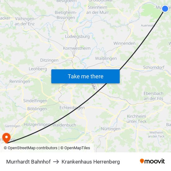 Murrhardt Bahnhof to Krankenhaus Herrenberg map
