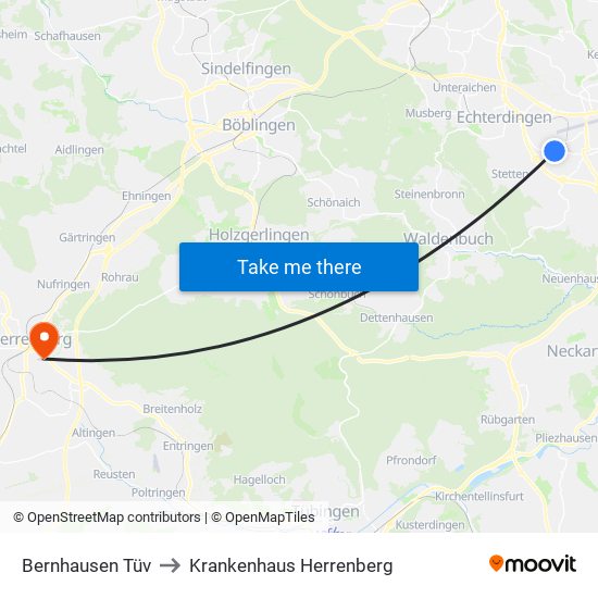 Bernhausen Tüv to Krankenhaus Herrenberg map
