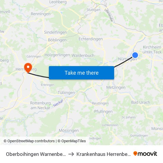 Oberboihingen Warnenberg to Krankenhaus Herrenberg map