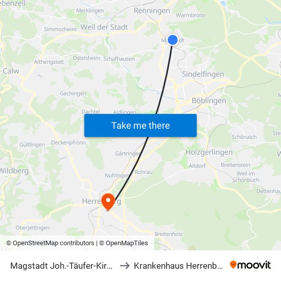 Magstadt Joh.-Täufer-Kirche to Krankenhaus Herrenberg map