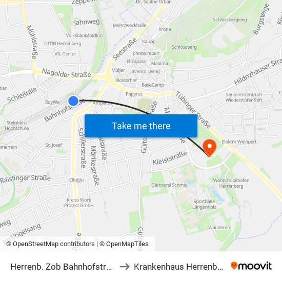 Herrenb. Zob Bahnhofstraße to Krankenhaus Herrenberg map