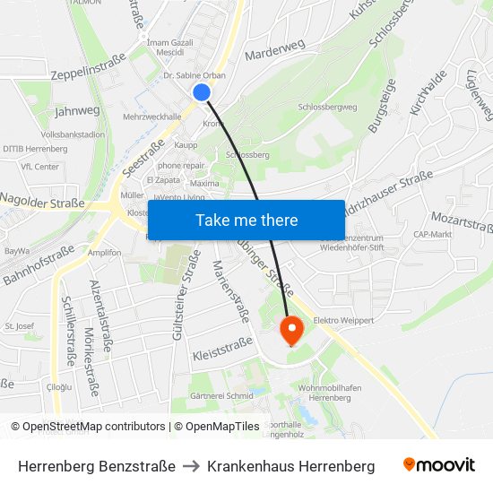 Herrenberg Benzstraße to Krankenhaus Herrenberg map