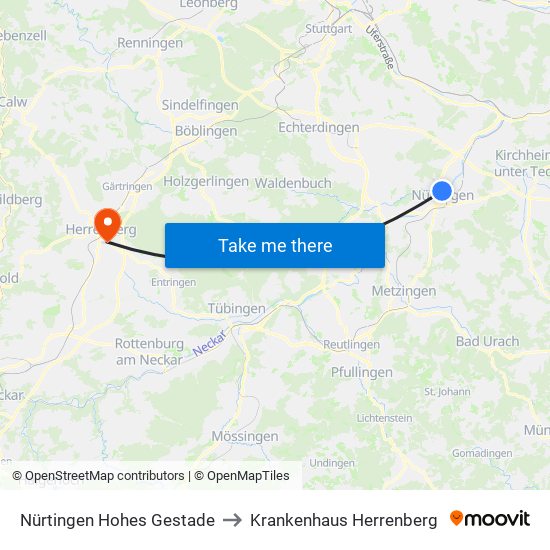 Nürtingen Hohes Gestade to Krankenhaus Herrenberg map