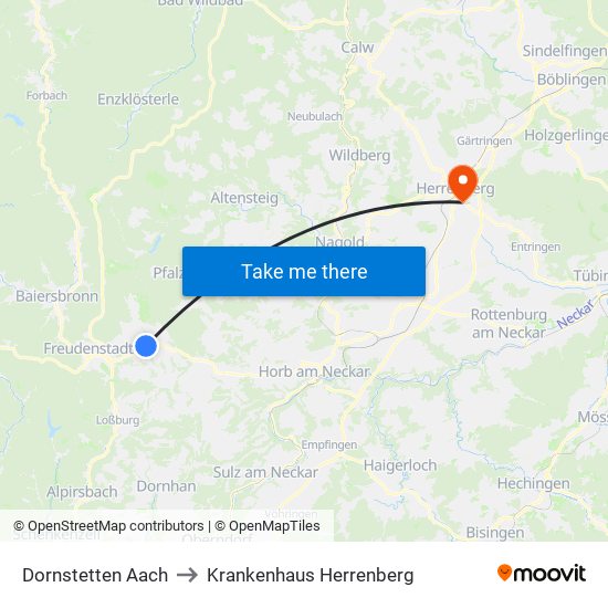 Dornstetten Aach to Krankenhaus Herrenberg map