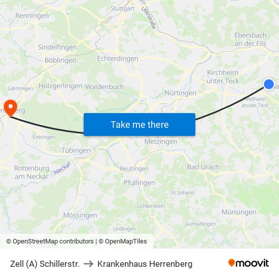 Zell (A) Schillerstr. to Krankenhaus Herrenberg map