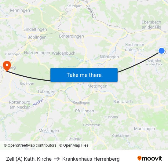 Zell (A) Kath. Kirche to Krankenhaus Herrenberg map