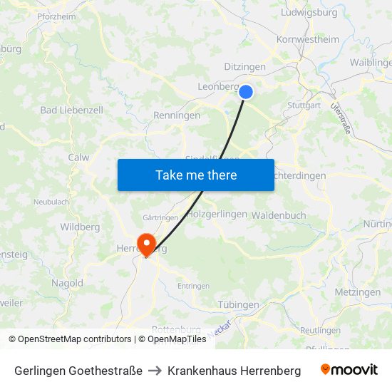 Gerlingen Goethestraße to Krankenhaus Herrenberg map