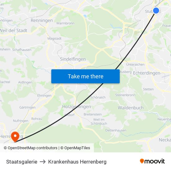 Staatsgalerie to Krankenhaus Herrenberg map
