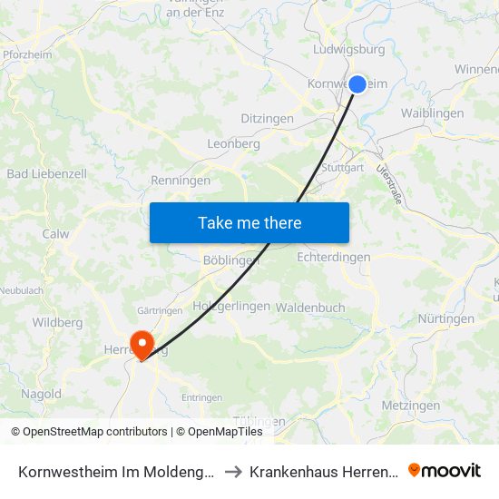 Kornwestheim Im Moldengraben to Krankenhaus Herrenberg map