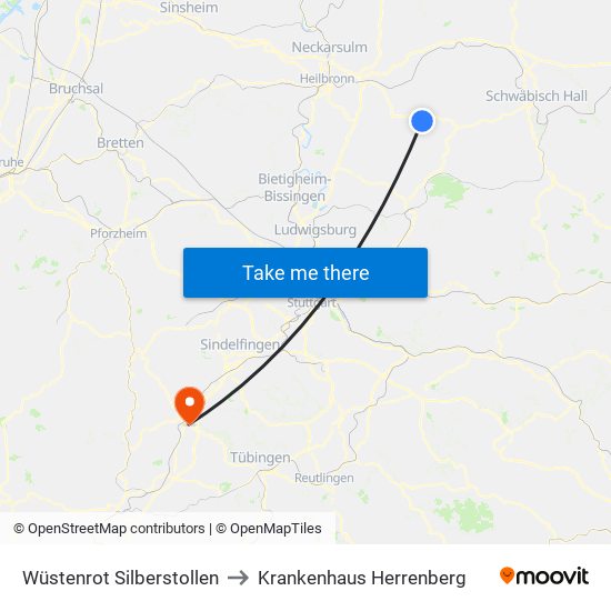 Wüstenrot Silberstollen to Krankenhaus Herrenberg map