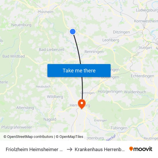Friolzheim Heimsheimer Str. to Krankenhaus Herrenberg map