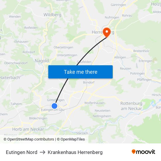 Eutingen Nord to Krankenhaus Herrenberg map