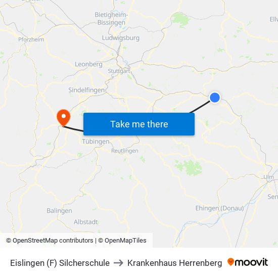 Eislingen (F) Silcherschule to Krankenhaus Herrenberg map