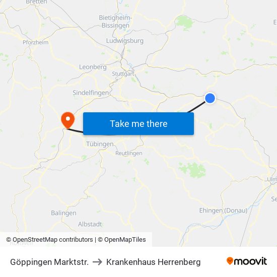 Göppingen Marktstr. to Krankenhaus Herrenberg map