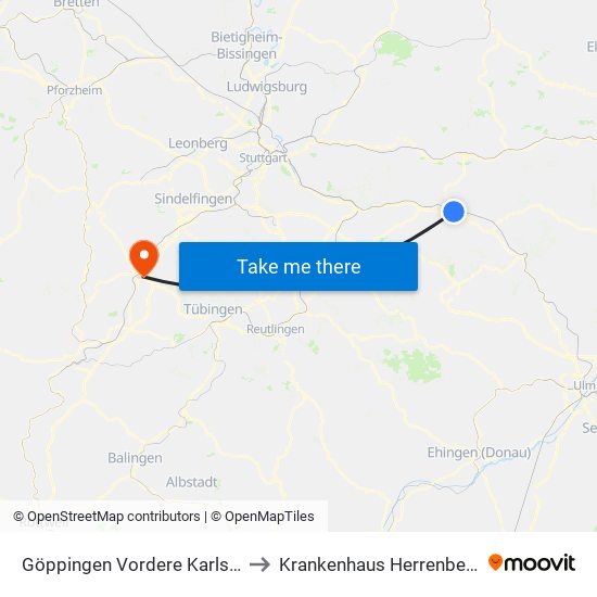 Göppingen Vordere Karlstr. to Krankenhaus Herrenberg map