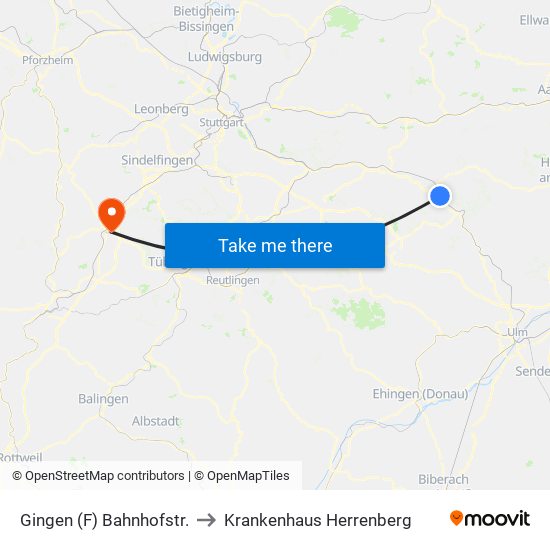 Gingen (F) Bahnhofstr. to Krankenhaus Herrenberg map