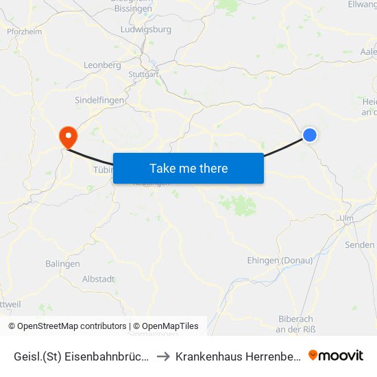 Geisl.(St) Eisenbahnbrücke to Krankenhaus Herrenberg map