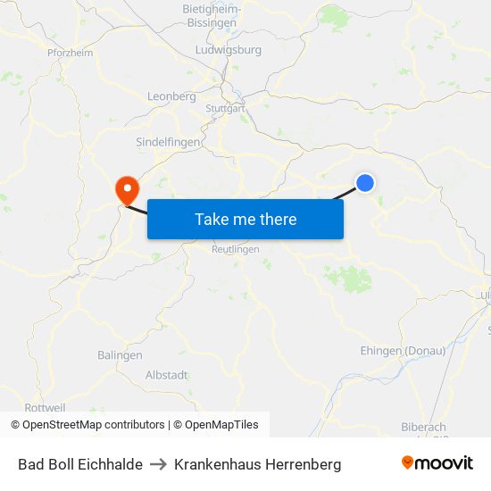 Bad Boll Eichhalde to Krankenhaus Herrenberg map
